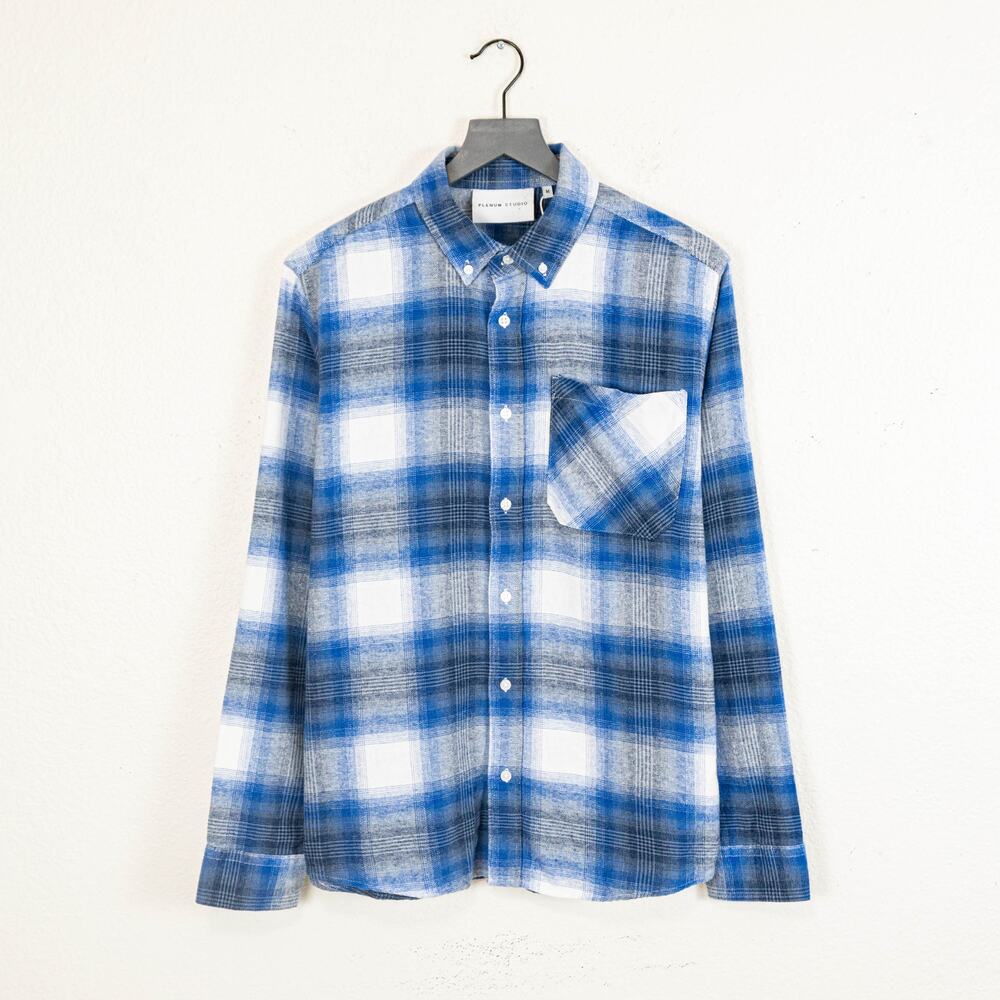 PLENUM STUDIO Markeaton Navy Check LS Flannel Shirt size Medium
